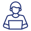 A blue line drawing of a person sitting with a laptop.