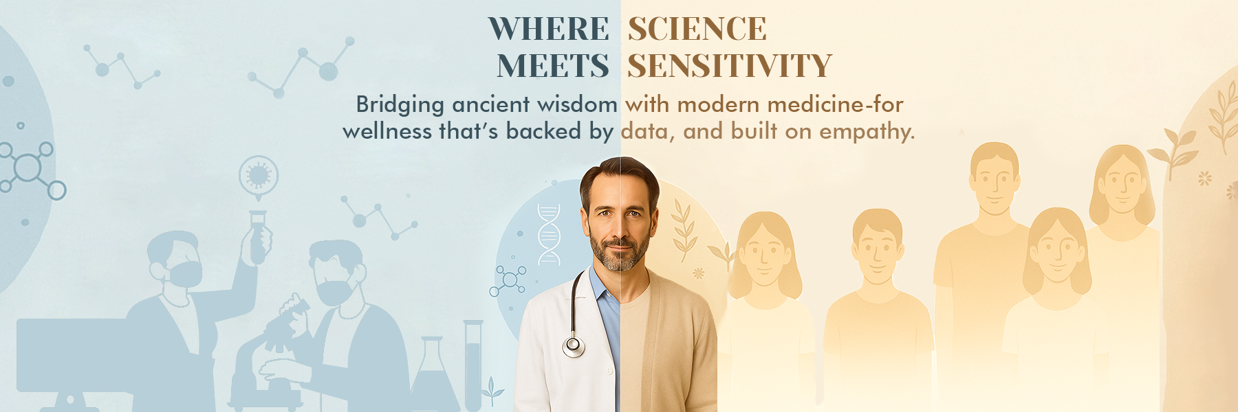 A healthcare professional stands amidst science-themed graphics and silhouettes, highlighting the blend of ancient wisdom and modern medicine.